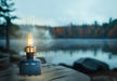 Blue rechargeable lantern LED lamp creating ambient outdoor lighting by the water
