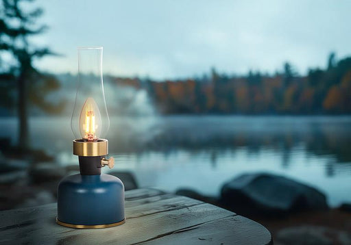 Blue rechargeable lantern LED lamp creating ambient outdoor lighting by the water