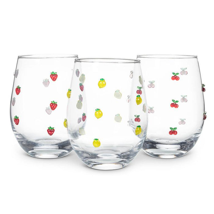 Abbott stemless wine glasses featuring assorted fruit-inspired designs including lemons and strawberries