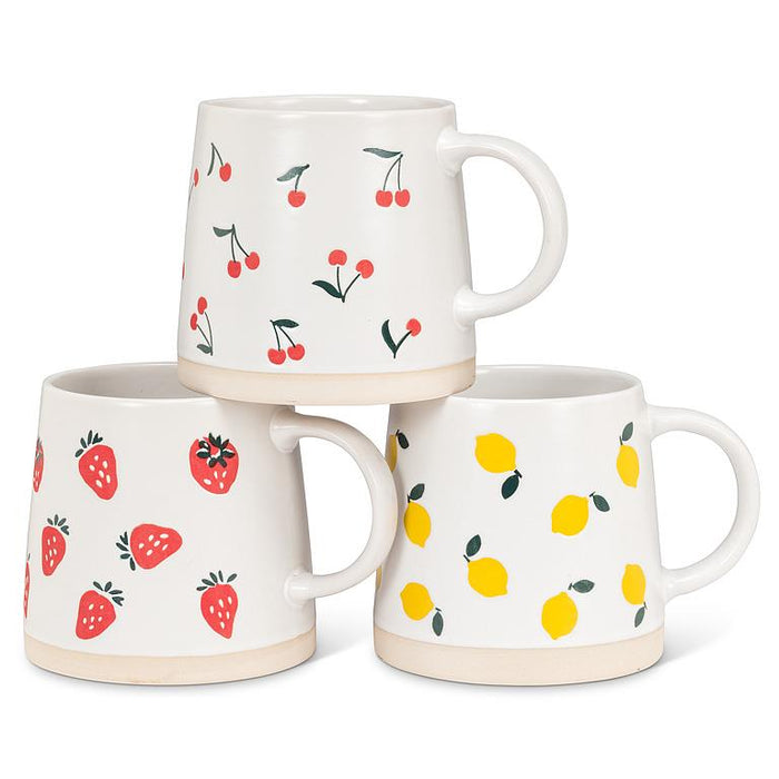 Abbott stoneware mugs featuring lemon and strawberry patterns displayed as a collection