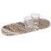 Large brown marble serving tray styled with two drinking glasses