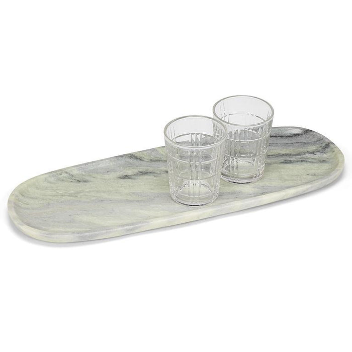 Abbott large oblong green marble serving tray styled with two drinking glasses