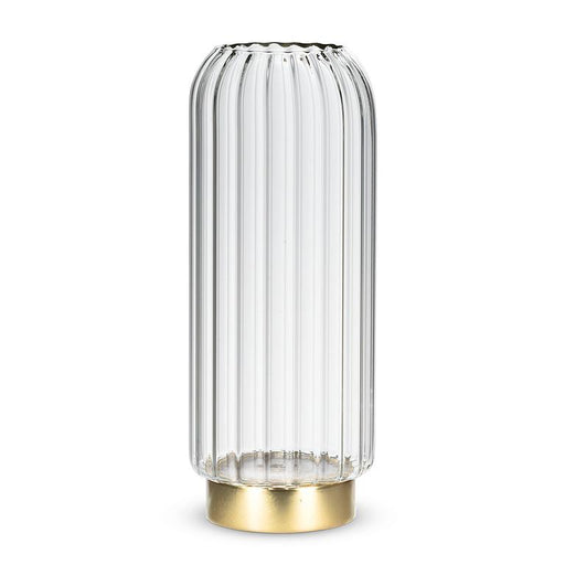 Abbott large panel LED vase featuring clear ribbed glass and a gold base