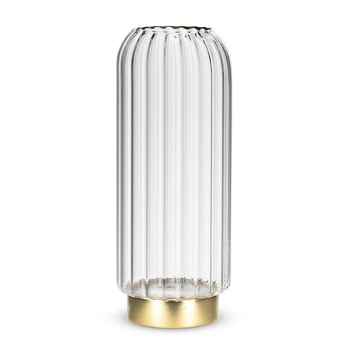 Abbott large panel LED vase featuring clear ribbed glass and a gold base