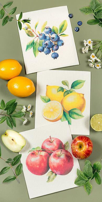 Abbott Lemon Dishcloth displayed with fresh lemons and fruit-themed reusable cleaning cloth collection