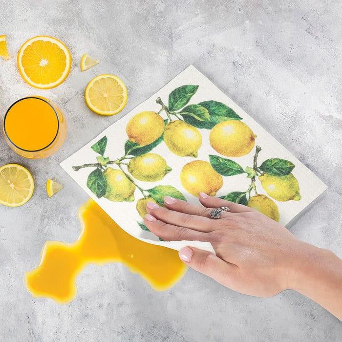 Abbott Lemons and Leaves reusable dishcloth used for cleaning kitchen spills