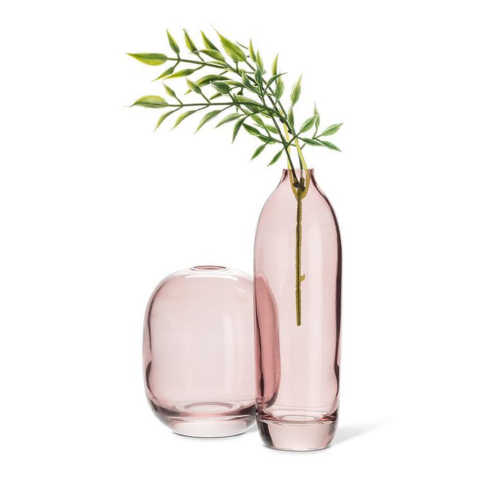 Abbott dark rose glass bud vase displayed alongside a coordinating tall decorative vase