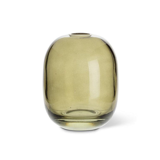 Abbott medium barrel bud vase in moss green glass with a rounded decorative silhouette