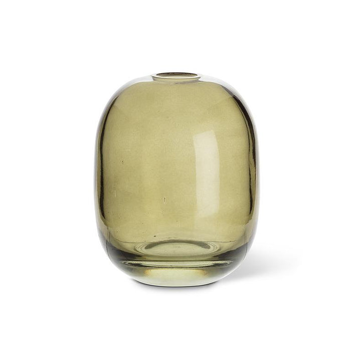 Abbott medium barrel bud vase in moss green glass with a rounded decorative silhouette