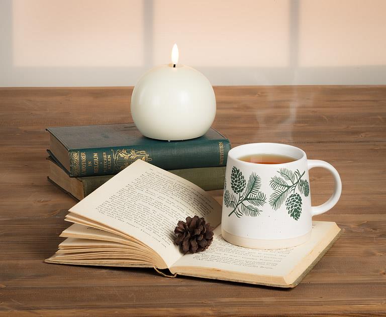 Ivory and green pinecone mug styled with an open book in a cozy setting