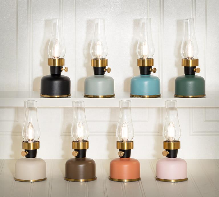 Collection of small rechargeable lantern LED lamps in multiple colours and finishes