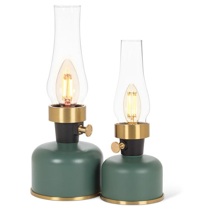 Two green small lantern LED lamps with glass chimneys and warm Edison bulbs