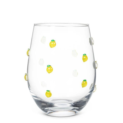 Abbott stemless wine glass featuring hand-painted yellow lemon accents on clear glass