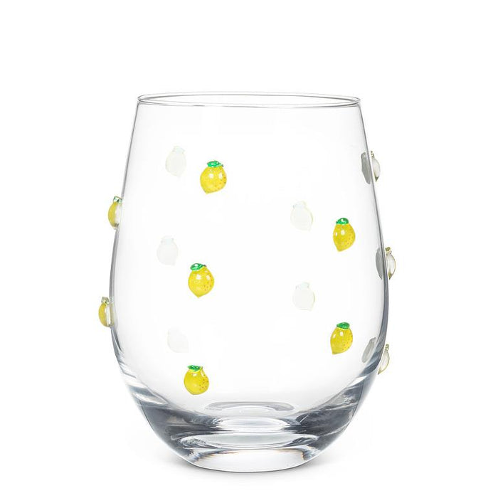 Abbott stemless wine glass featuring hand-painted yellow lemon accents on clear glass