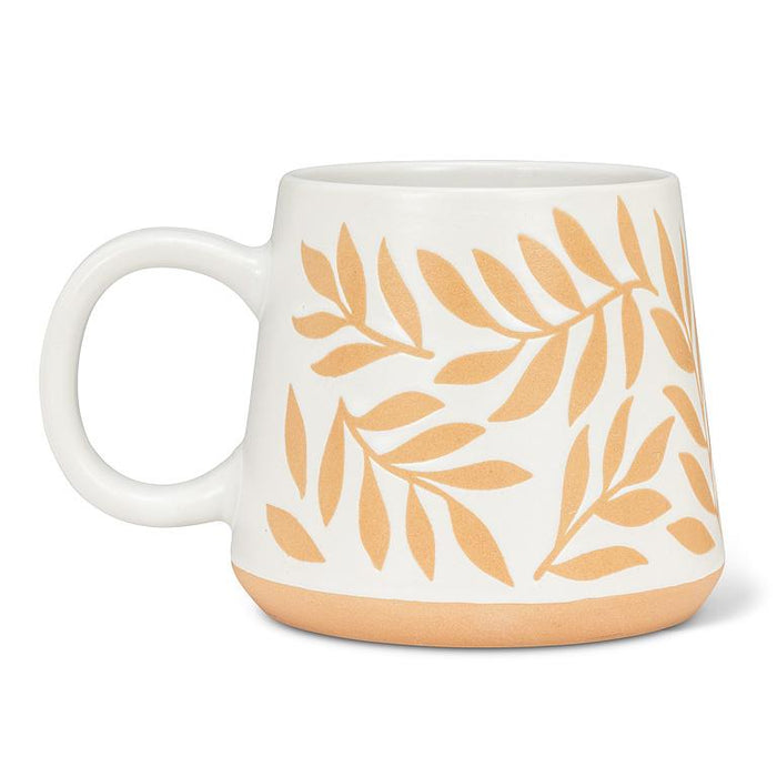 Set of six Abbott oversized stoneware mugs with ivory and tan leaf pattern