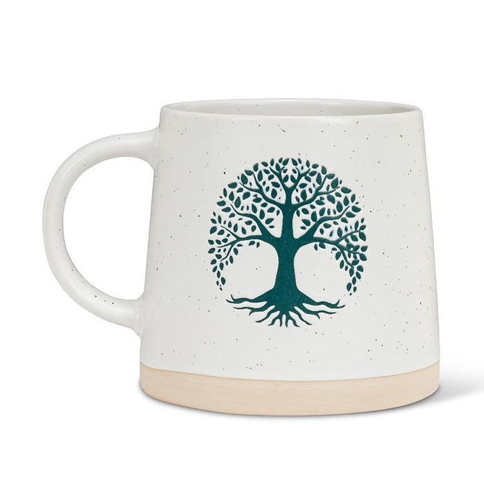 Abbott wide-base Tree of Life stoneware mug in ivory and green, sold as a set of six