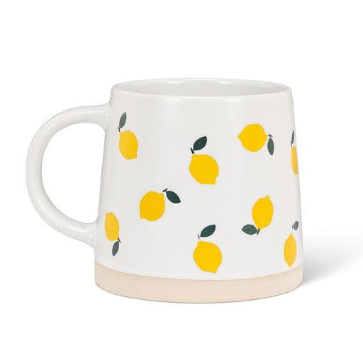 Abbott wide base stoneware mug featuring a yellow lemon pattern on an ivory background