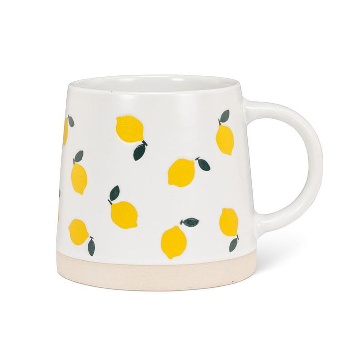 Side view of Abbott wide base stoneware mug with yellow lemon pattern