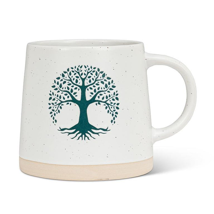 Front view of Abbott 14 oz wide-base stoneware mug with green Tree of Life design