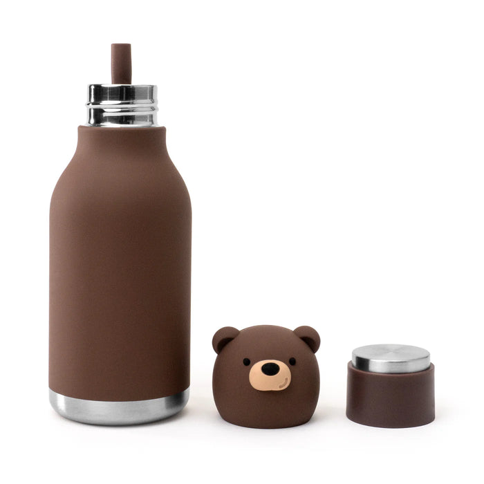 Exploded view of the Asobu Besties Brown Bear insulated water bottle with removable silicone topper