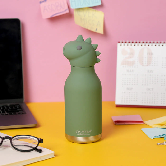 Asobu Besties Dinosaur insulated water bottle in an everyday lifestyle setting