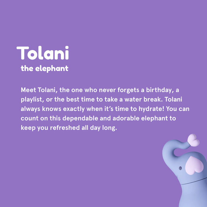 Tolani the Elephant character card featuring the Asobu Elephant Bestie insulated water bottle