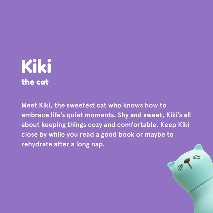 Kiki the Kitty character card introducing the Asobu Kitty Bestie insulated water bottle
