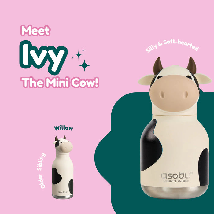 Ivy the Mini Cow character card featuring the Asobu Mini Cow Bestie insulated water bottle