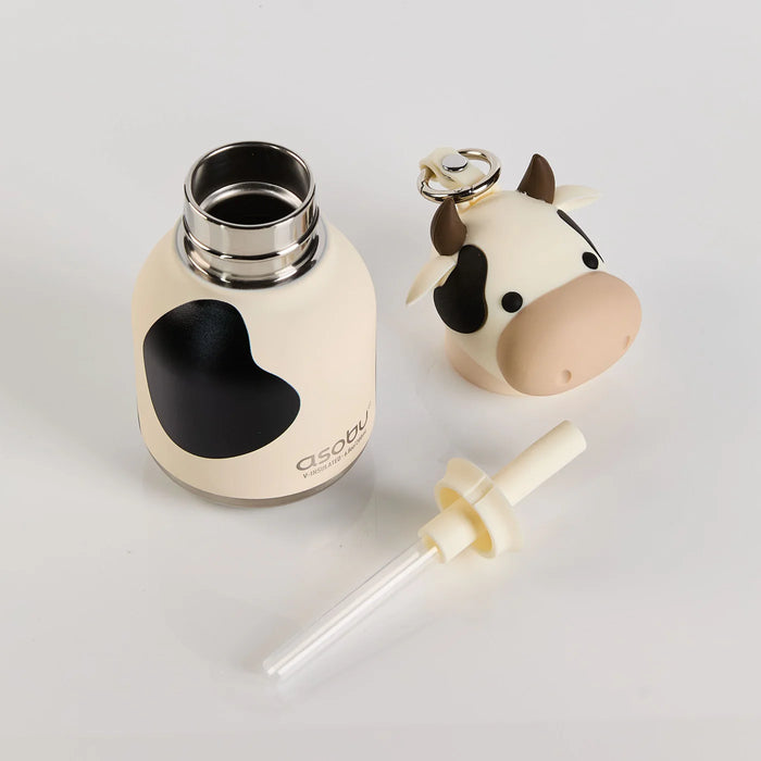 Asobu Mini Cow Bestie insulated water bottle with removable silicone cow topper and straw