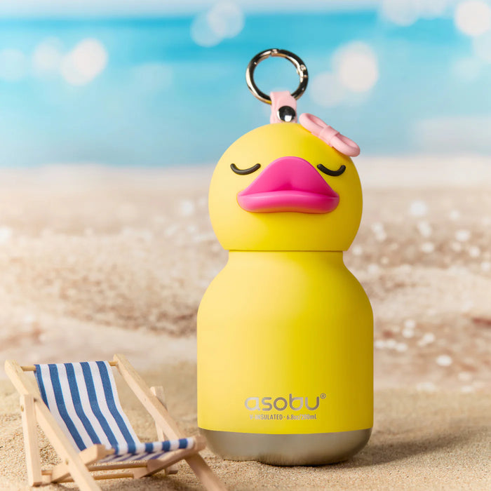 Asobu Mini Duck Besties bottle opened to show removable straw and insulated lid