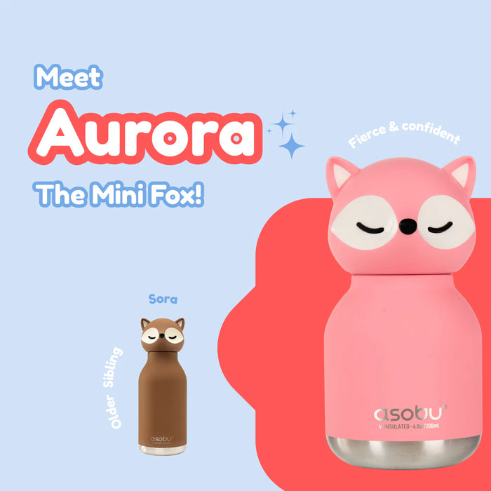 Aurora the Mini Fox character card for the Asobu Mini Bestie insulated water bottle