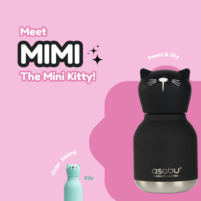 Mimi the Mini Kitty character card featuring the Asobu Mini Kitty Bestie insulated water bottle