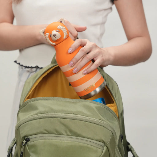 Asobu Red Panda Bestie insulated water bottle being placed into a backpack for everyday travel