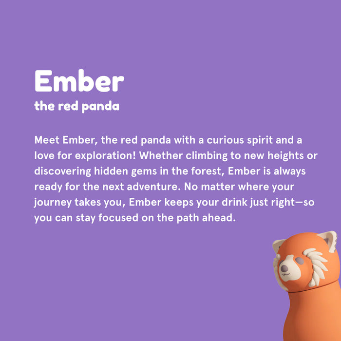 Ember the Red Panda character card featuring the Asobu Red Panda Bestie insulated water bottle