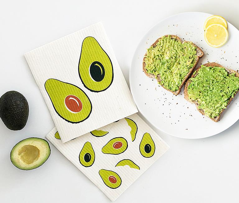 Swedish dishcloth with avocado design in kitchen food setting reusable cloth