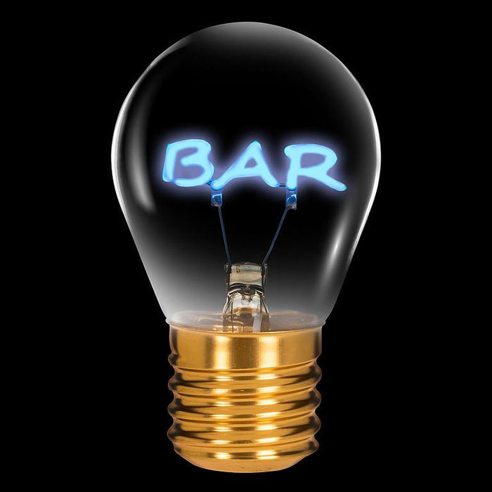 BAR neon LED light bulb glowing blue on black background