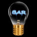 BAR neon LED light bulb glowing blue on black background