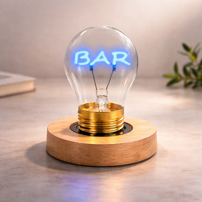 BAR neon LED light bulb on wooden base glowing in home bar or cozy room setting