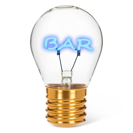 BAR neon LED light bulb with blue glowing filament in clear glass on white background