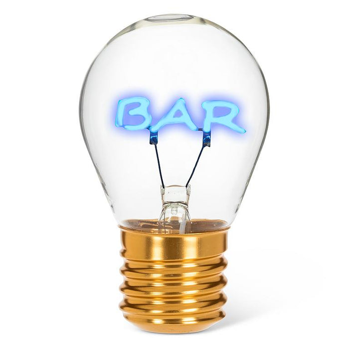 BAR neon LED light bulb with blue glowing filament in clear glass on white background