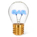 BAR neon LED light bulb with blue glowing filament in clear glass on white background