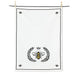 Bee crest cotton kitchen towel with black border and yellow bee design hanging on display