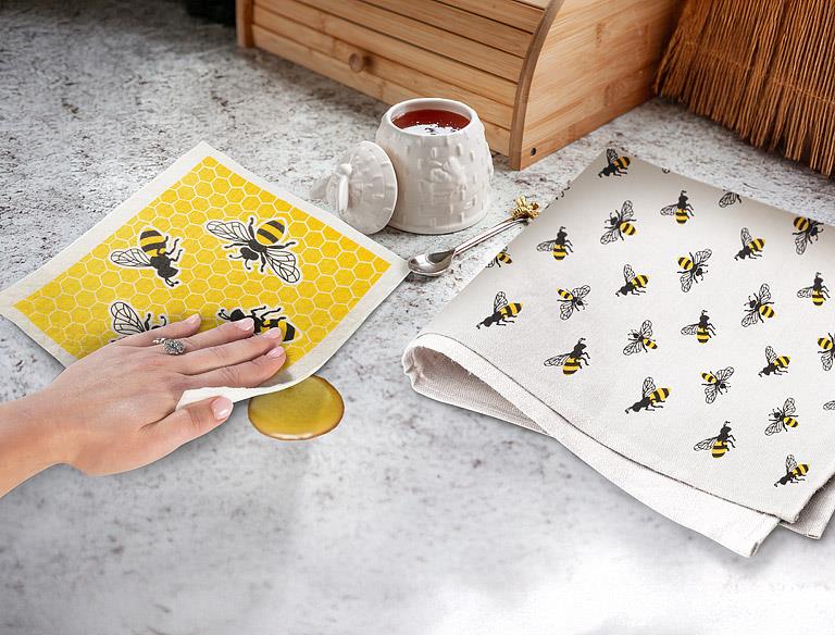 bees dishcloth in use cleaning kitchen surface