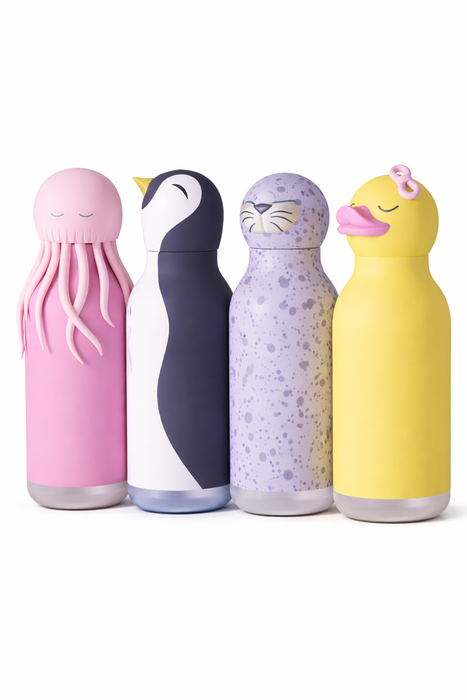 Besties character bottle pack featuring duck jellyfish seal and penguin stainless steel water bottles