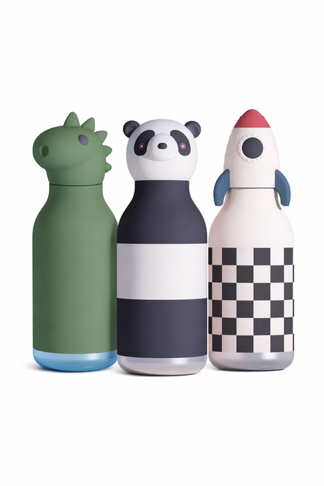 Besties character bottle trio featuring panda rocketship and dinosaur stainless steel water bottles