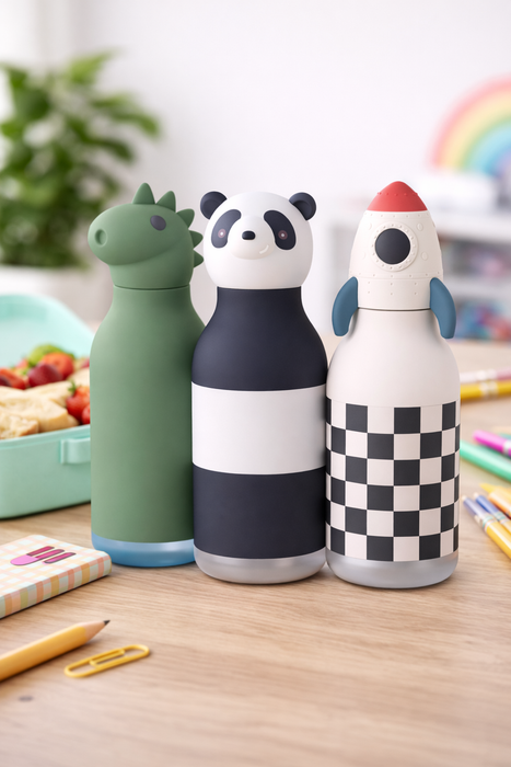 Besties character stainless steel bottles lifestyle image with panda rocketship and dinosaur designs