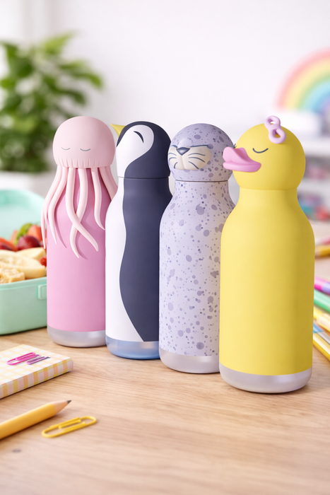 Besties character stainless steel bottles duck jellyfish seal and penguin displayed on desk