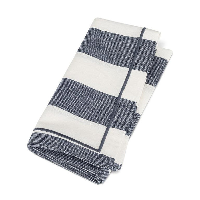 Folded blue and ivory wide stripe cotton cloth napkin