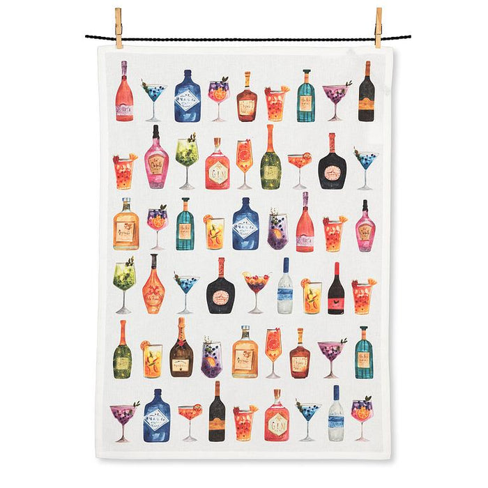 Bottles and cocktails cotton kitchen towel featuring colorful drink illustrations on white fabric