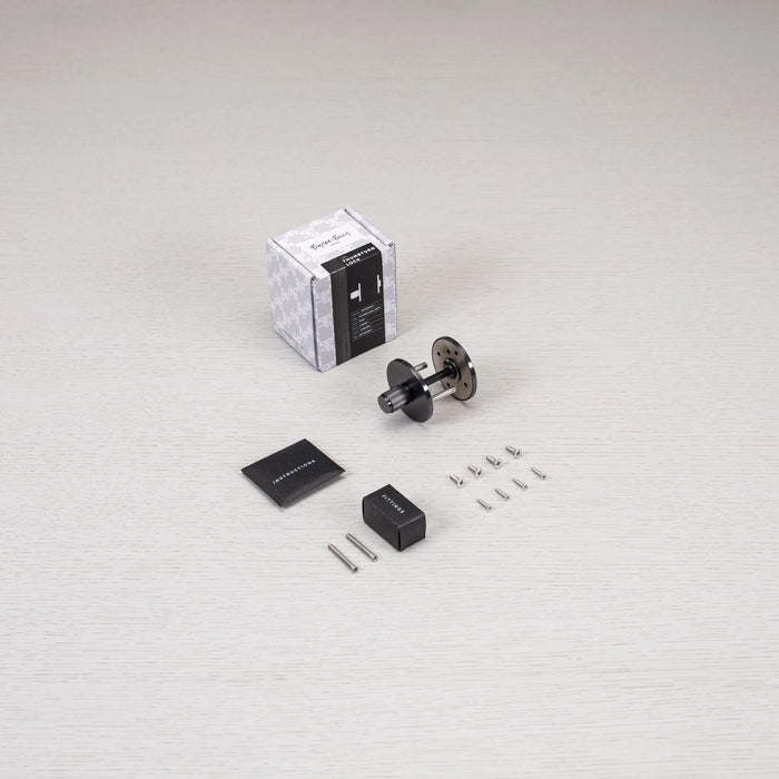 Buster + Punch thumbturn lock linear in Gun Metal finish with packaging and included hardware